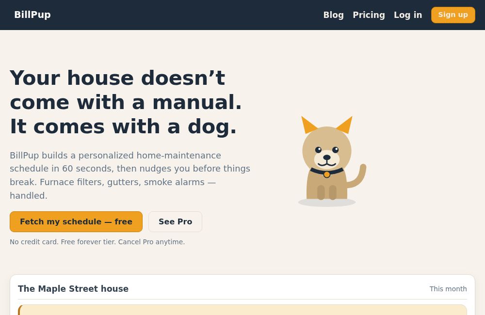 billpup.com, načrt vzdrževanja doma